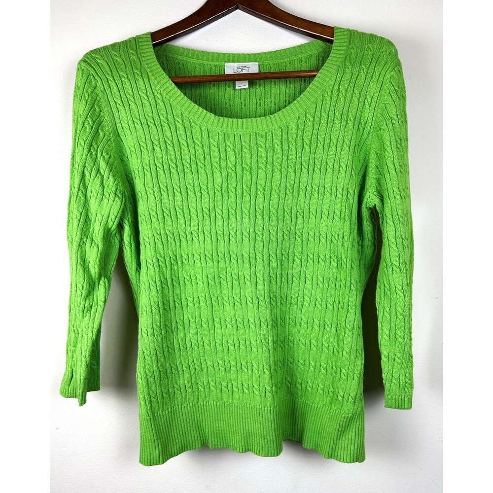LOFT Lime Green L Cable-Knit Scoop Neck 3/4 Sleeve Pullover Preppy 100% Cotton